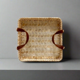 Shell Inlay Woven Rattan Square Serving Tray with Handles