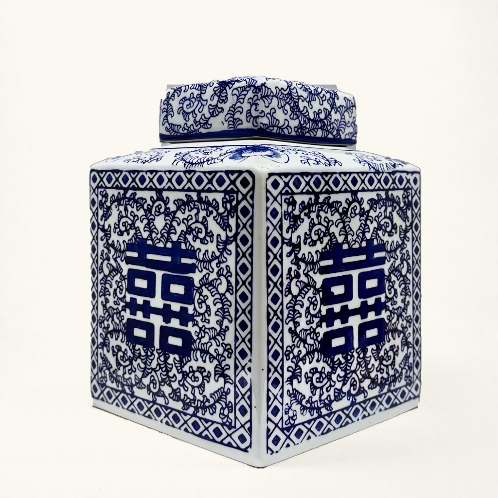 Blue & White Ceramic Double Happiness Jar With Lid