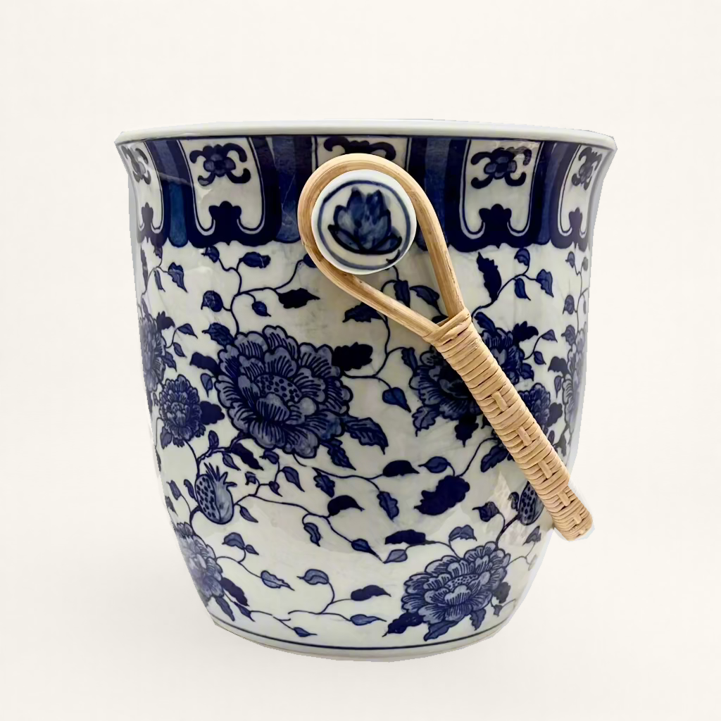 Chinoiserie Blue & White Planter With Bamboo Handle