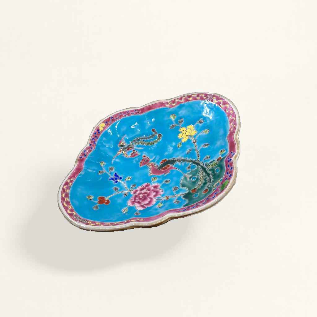 Phoenix Peranakan Scalloped Oval Ceramic Pedestal Bowl - Yellow Base