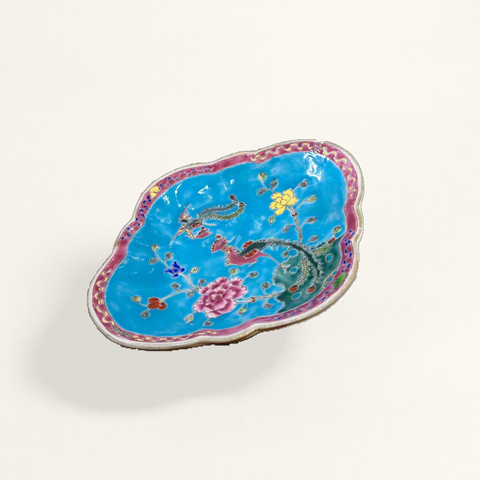 Phoenix Peranakan Scalloped Oval Ceramic Pedestal Bowl - Yellow Base