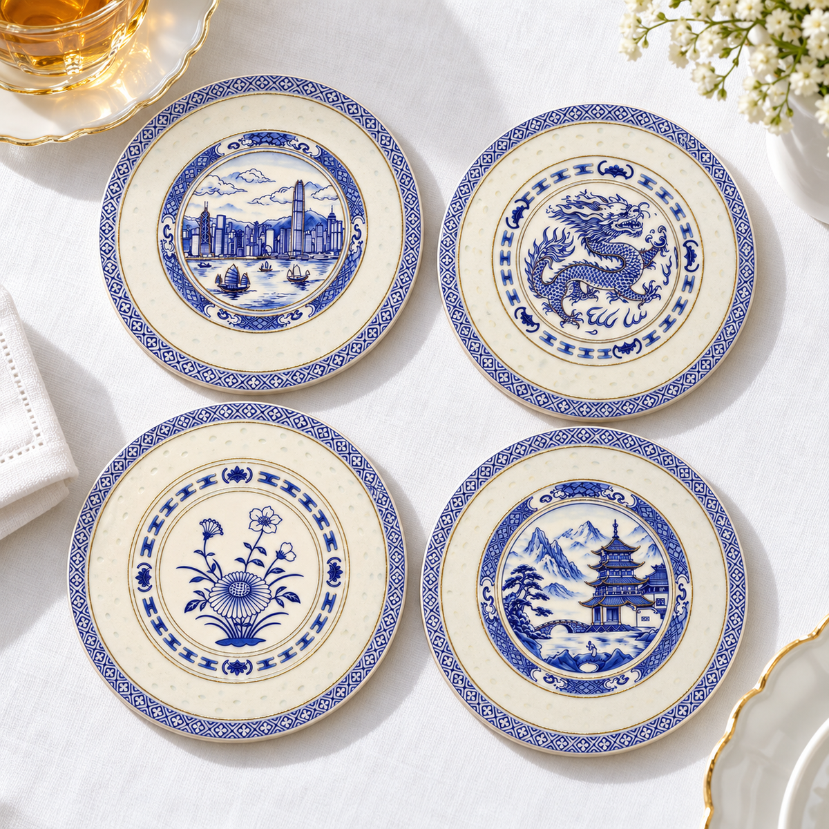 Four Blue Willow and Beyond ceramic coaster designs on a white table setting