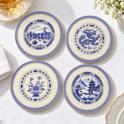 Four Blue Willow and Beyond ceramic coaster designs on a white table setting