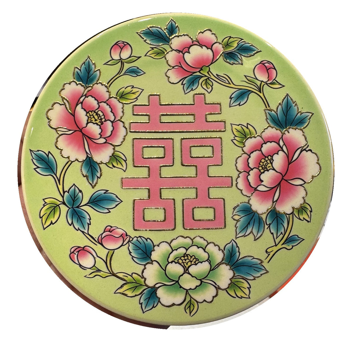 Peony Double Happiness ceramic coaster, white background