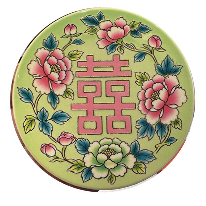 Peony Double Happiness ceramic coaster, white background