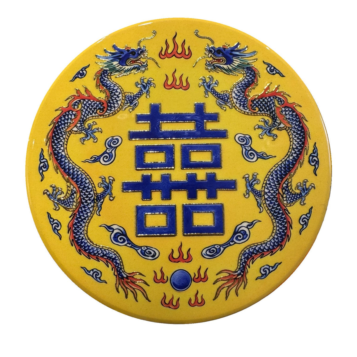 Yellow Dragon Double Happiness ceramic coaster, white background