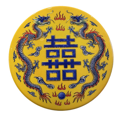 Yellow Dragon Double Happiness ceramic coaster, white background
