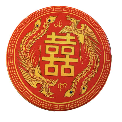Red Phoenix Double Happiness ceramic coaster, white background