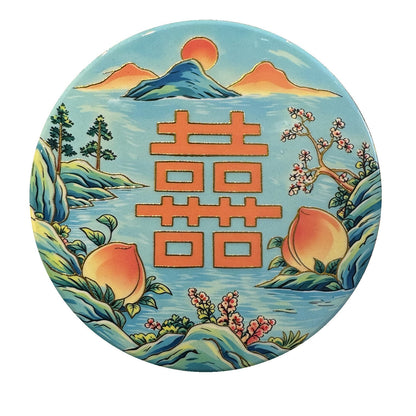 Peach Mountain ceramic coaster, white background