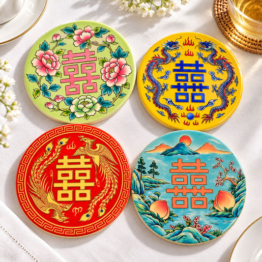 Four Double Happiness ceramic coaster designs arranged on a white table setting