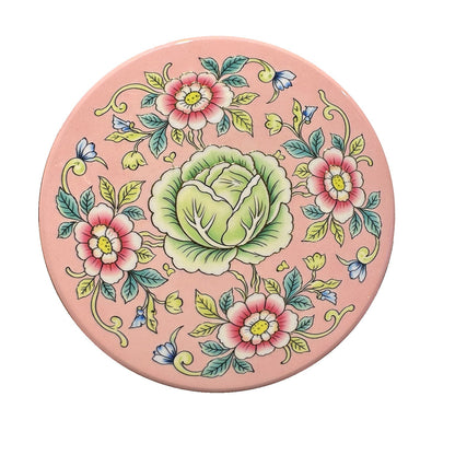 Pink Cabbage and Flowers ceramic coaster, white background