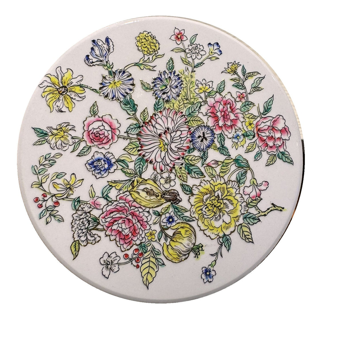 Botanical Bouquet ceramic coaster, white background