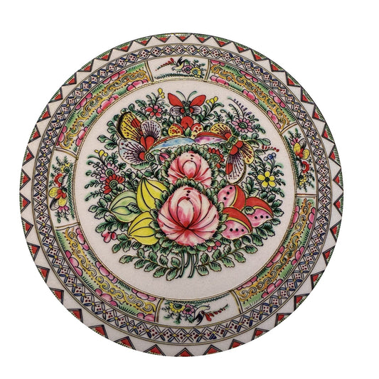 Ornate Peony Plate ceramic coaster, white background