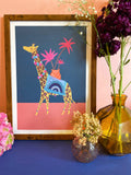 Tropical Parade Giraffe with Plant Art Print