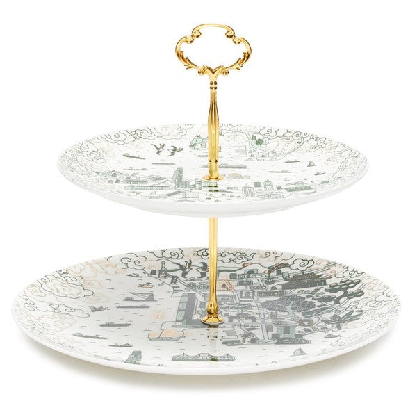 HK And Kowloon Willow Cake Stand - Green & Gold