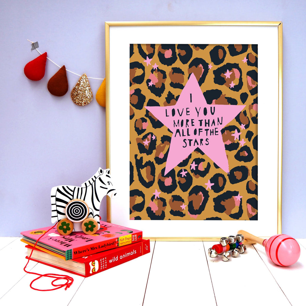 " Leopard Love You Stars Pink " - Art Print